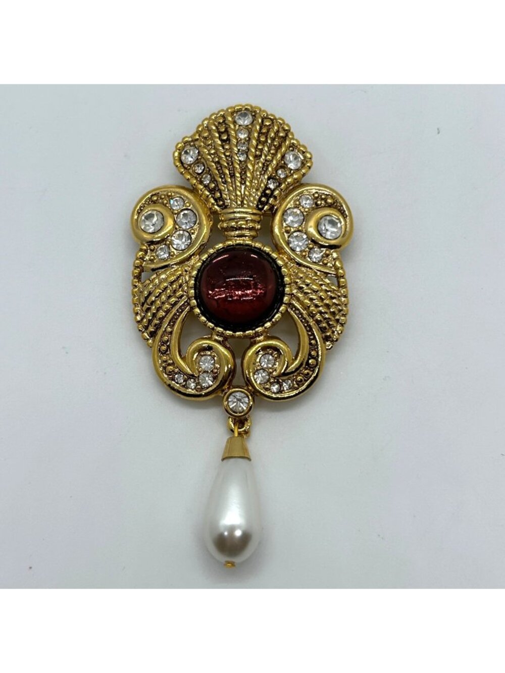Vintage Jeff Lieb Gold-Tone Brooch Purple Acrylic Cabochon Rhinestone Faux Pearl